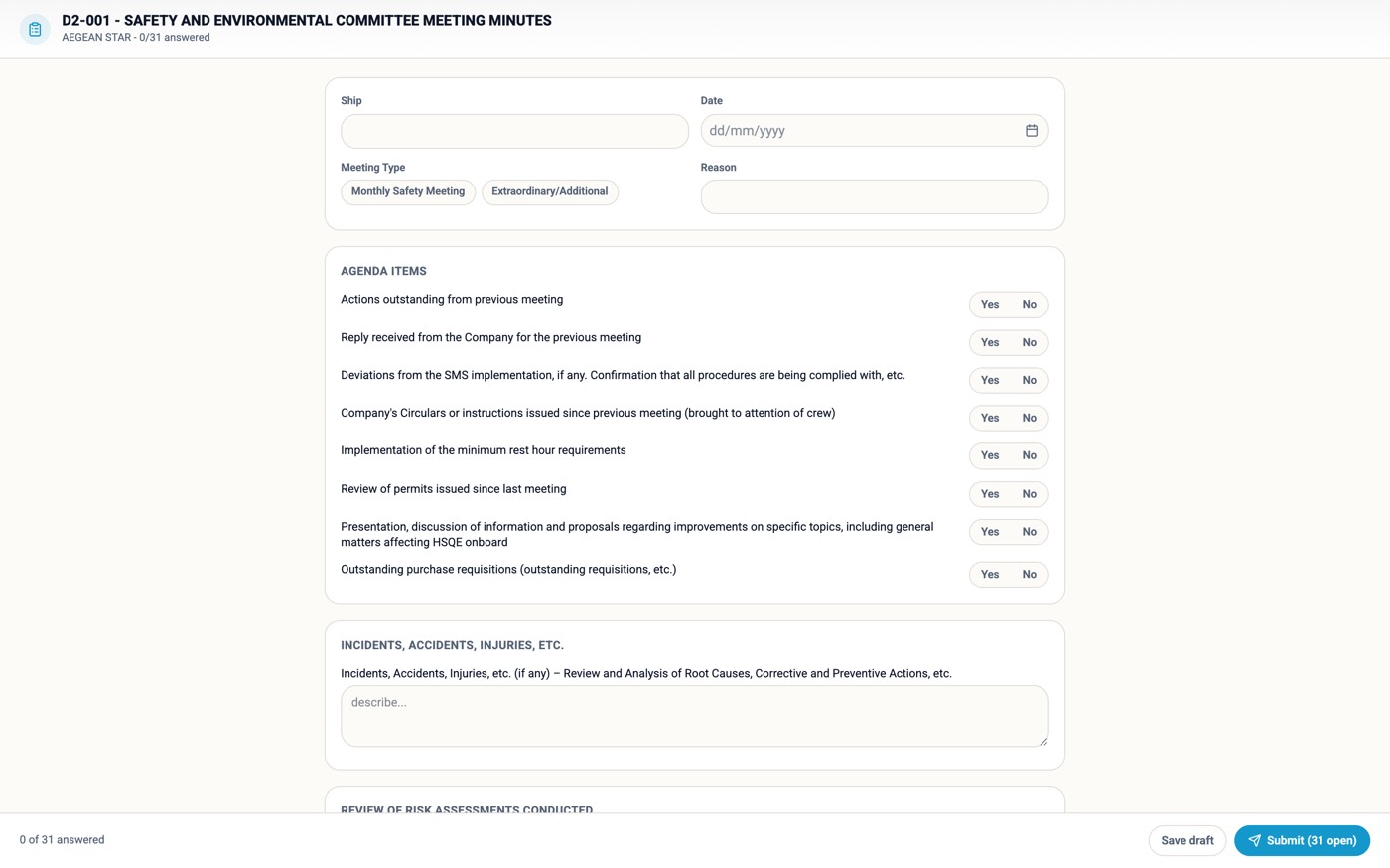 The form runner — a safety committee's minutes as an interactive form, saved as draft or submitted, signed by PIN.