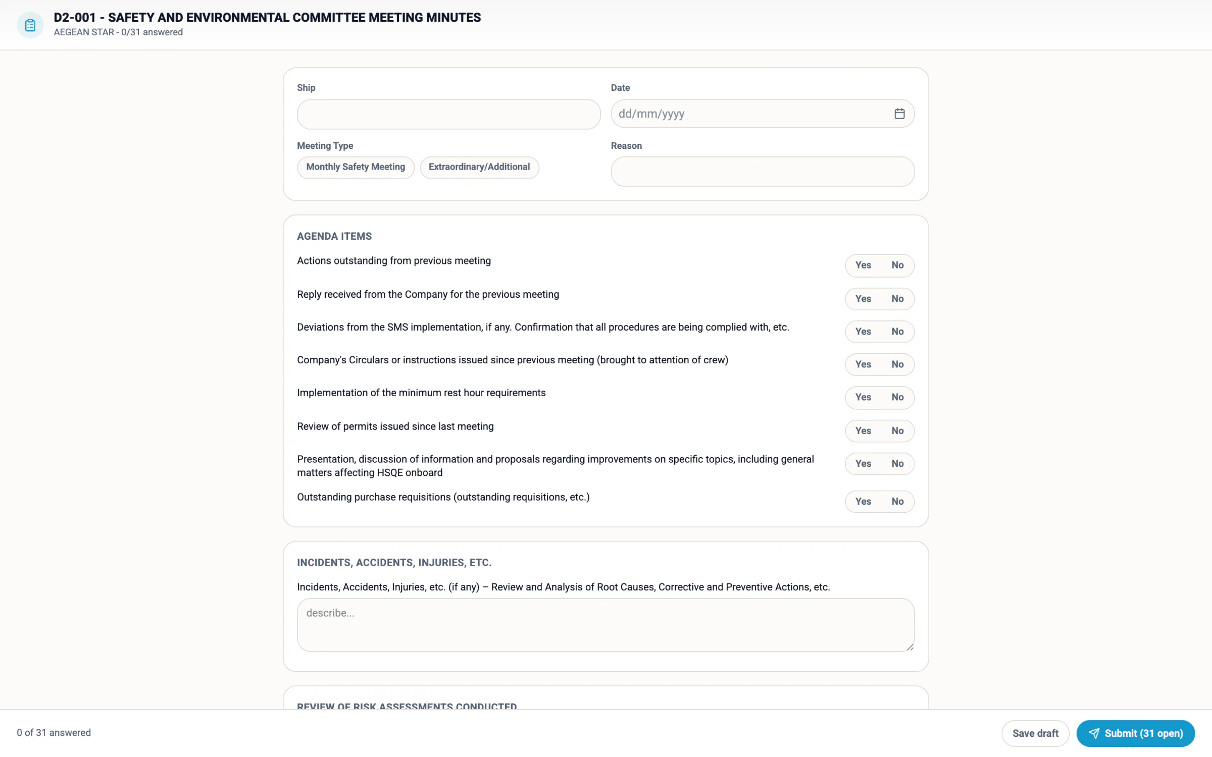 The form runner — a safety committee's minutes as an interactive form, saved as draft or submitted, signed by PIN.