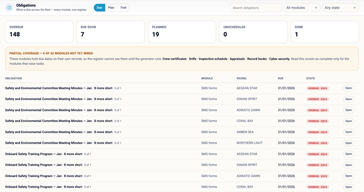 Obligations — one register across every module: what is overdue, due soon or planned, on which ship, with the module that owns it.