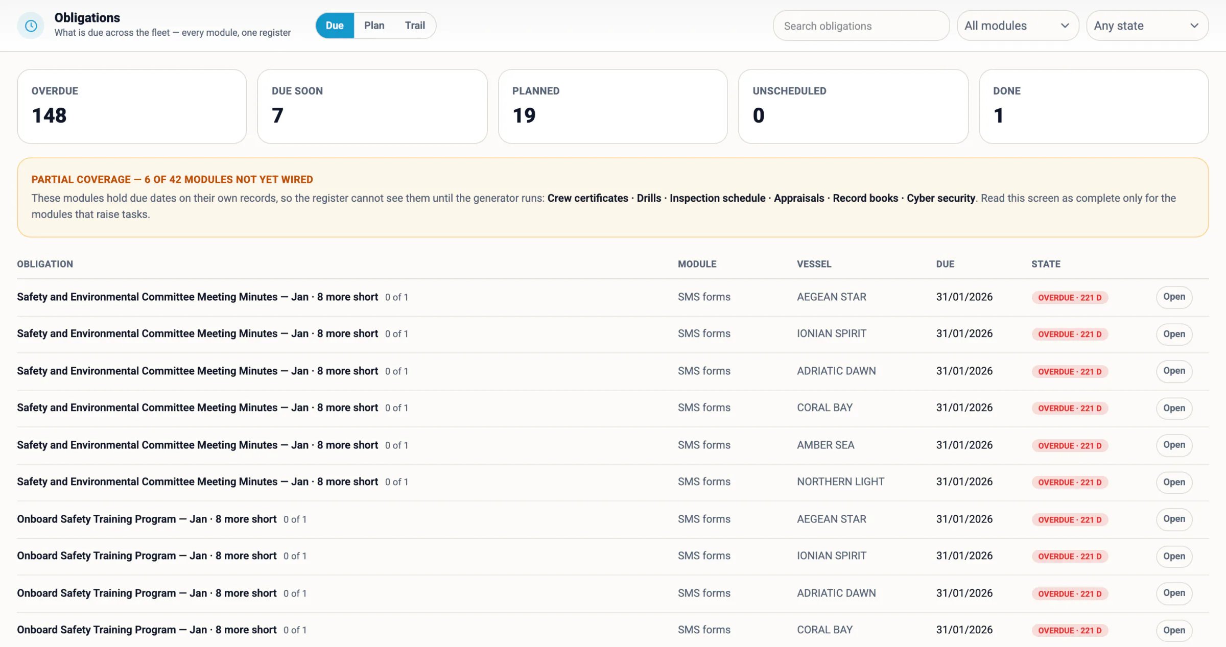 Obligations — one register across every module: what is overdue, due soon or planned, on which ship, with the module that owns it.